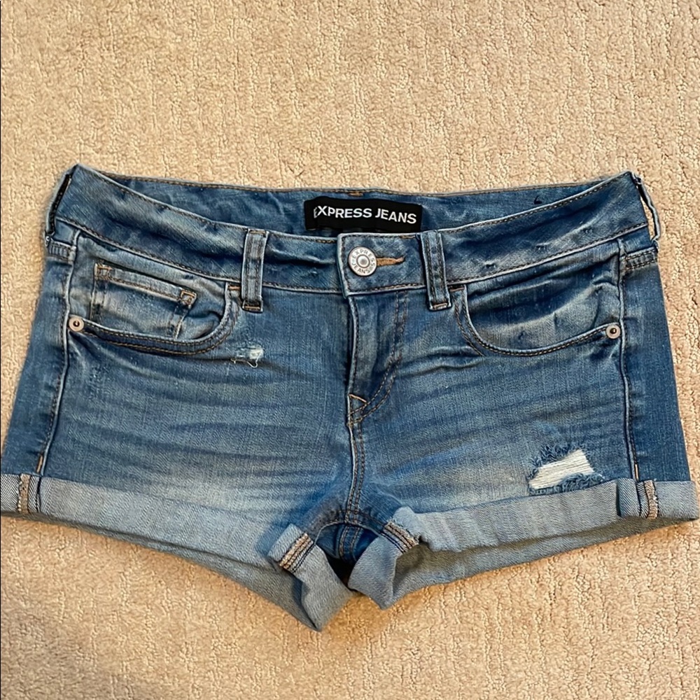 Express Blue Jean Shorts with Cuffed Hems and Distressed Look